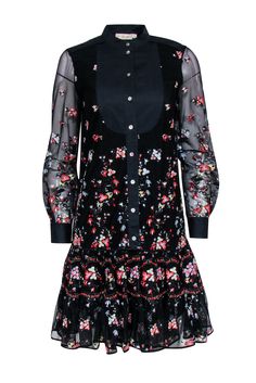 Current Boutique-Tory Burch - Black Embroidered Floral Long Sleeve Dress Sz XS Long Sleeve Dresses With Overlay For Summer, Sheer Knee-length Fall Dress, Black Sheer Dresses For Spring, Floral Embroidered Knee-length Dress For Fall, Knee-length Dresses With Floral Embroidery For Fall, Knee-length Floral Embroidered Dresses For Fall, Floral Embroidery Knee-length Dress For Fall, Spring Daywear Dresses With Sheer Sleeves, Spring Day Dresses With Sheer Sleeves