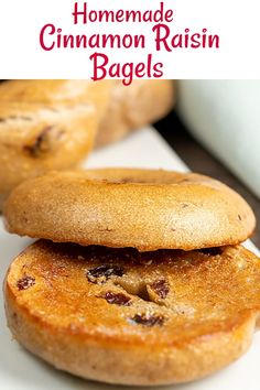 homemade cinnamon raisin bagels stacked on top of each other with text overlay