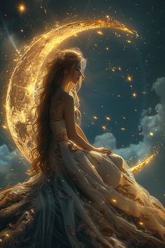 a woman sitting on top of a yellow moon in the sky with stars around her