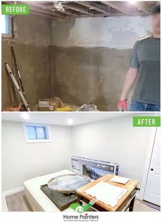 before and after pictures of a basement remodel with drywall removed to the ceiling