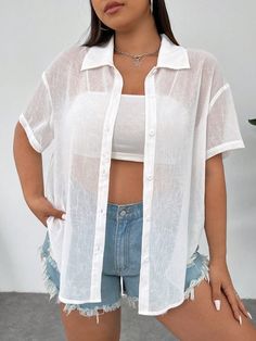 Loose Weave Plus Size Summer Casual Solid Color Short Sleeve Mesh Shirt White Casual  Short Sleeve Woven Fabric Plain Shirt Non-Stretch  Women Plus Clothing, size features are:Bust: ,Length: ,Sleeve Length: White Collared Beach Top, Oversized Collared Tops For Vacation, Oversized Collared Summer Tops, Oversized Collared Tops For Beach, Oversized Collared Tops For The Beach, Plus Size Summer Casual, Mesh Shirt, Plus Size Summer, Plain Shirts