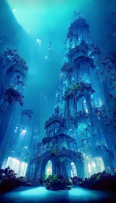 an underwater city is shown in the middle of blue water with trees growing out of it