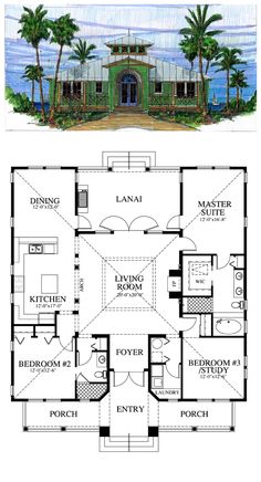 two story house plans with an open floor plan and palm trees in the front yard