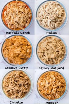 six different types of shredded meat in bowls