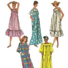 four women's dresses and hats in different styles