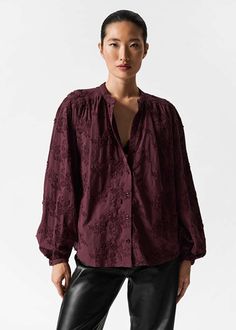 Voluminous Floral-Appliqué Blouse - Dark Red - & Other Stories WW Applique Blouse, Waistcoat Dress, Knit Outerwear, Embroidery Floral, Blouse Nordstrom, Red Dark, Shirt Embroidery, Blazer And Shorts, Tshirt Skirt