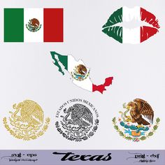 the flags of different countries are depicted in this graphic art printable poster, which includes an eagle, mexican - american flag, and seal crests