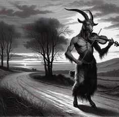 a goat with long horns playing the violin on a dirt road in front of trees