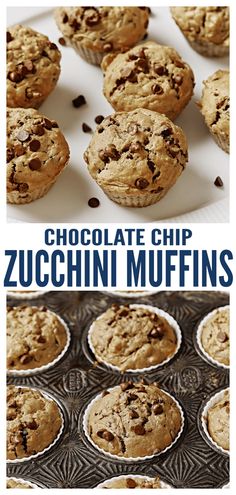 chocolate chip zucchini muffins on a white plate with text overlay