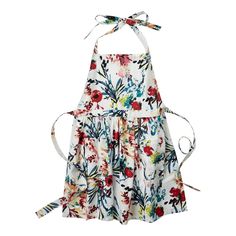 a white apron with floral print on the front and tie around the waist, hanging from an adjustable neckline