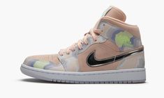 The Women’s Air Jordan 1 Mid “P(Her)spective” is a unique colorway of Michael Jordan’s first signature shoe in mid-top form. This unique P(Her)spective design features pastel hues for an off-the-court appeal. Washed Coral suede forms the base of the upper, appearing on the perforated toe, mid-panel, and collar. Contrasting nubuck overlays on the forefoot, collar, and heel display soothing hues of green and blue. Branding appears in the form of Silver Metallic Swooshes on the mid-panel, neon gree Heel Display, Sepatu Air Jordan, Womens Air Jordan 1, Womens Air Jordan, Jordan Ones, Air Jordan 1 Mid Se, Womens Basketball Shoes, Jordan 8, Womens Air Jordans