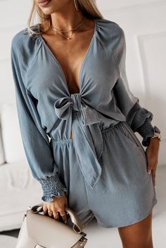 Tied Flounce Sleeve Plunge Romper - BELLATRENDZ Curvy Maxi Dress, Spring Summer Trends, Maxi Dress Formal, Flounce Sleeve, Summer Trends, Lantern Sleeves, Powder Blue, Plunging Neckline, Swimwear Tops