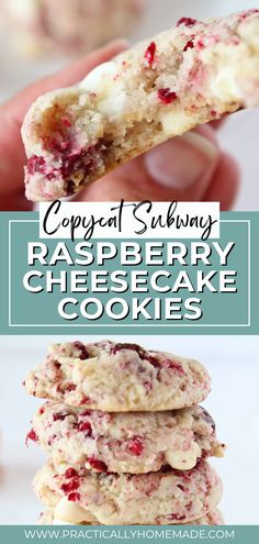 cranberry raspberry cheesecake cookies are stacked on top of each other