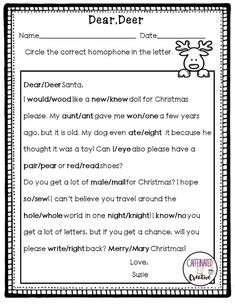 a christmas letter to santa with the words dear deer on it and reindeer in black and white