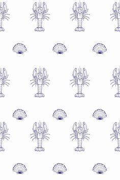 a blue and white pattern with lobsters on it