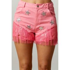 Oh My Starlight Sequin Patch Pink Shorts With Fringe Look stylish and feel comfy in these standout Sequin Fringe Shorts! With a flattering pink hue, trendy fringe detail, and dazzling sequin stars, you'll be sure to shine at any rodeo or concert!  Shell 100% Cotton Contrast 100% Polyester Hand Wash Cold Front & Back Pockets Sequin Stars, & Pink Fringe Great stretch Small (2-4) Medium (6-8) Large (10-12) Shop all your favs + all the new at shoppoppyandseed.com + receive 15% off your first order! Trendy Pink Shorts For Night Out, Pink Cotton Bottoms For Night Out, Pink Fringe Bottoms For Summer, Summer Pink Fringe Bottoms, Summer Pink Bottoms With Fringe, Space Cowgirl Costume, Stagecoach Outfit, Shorts With Fringe, Trendy Fringe