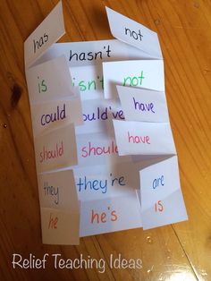 several pieces of paper with words written on them