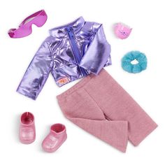 a doll's clothes and accessories are laid out on a white surface with pink shoes