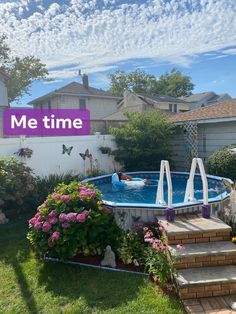 an above ground swimming pool with steps leading up to it and the words me time written in purple