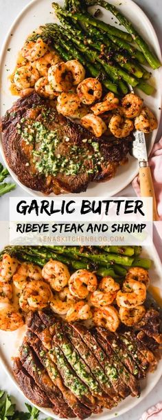 grilled steak with shrimp and asparagus on a white plate