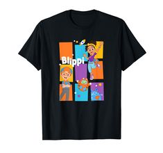 a black t - shirt with the word blipp on it and cartoon characters