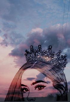 a drawing of a woman's face with a crown on her head and clouds in the background