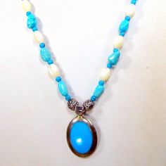 "Turquoise Color 925 Sterling Silver Pendant on Mother Of Pearl & Stone Aqua Bead Necklace, My Combo The 925 STERLING silver pendant is 1\" by 3/4\" ( 2.54cm x 2.34cm ) The beaded necklace is 20\" to pendant top ( 50.88cm ) I think the turquoise color beads might be magnasite or howlite the pendant I honestly do not know what the stone is made from In GIFT WORTHY AND New condition, just assembled! ----------------- PLEASE NOTE I ONLY ship to your paid ETSY invoice address Please ask any ques Nickel-free Blue Turquoise Necklace With Round Beads, Sterling Silver Beaded Blue Turquoise Necklace, Blue Beaded Turquoise Necklace In Sterling Silver, Beaded Turquoise Necklace In Sterling Silver, Sterling Silver Beaded Turquoise Necklace, Turquoise Necklace With Silver Beads As Gift, Palm Tree Pendant, Aqua Beads, Pearl Stone