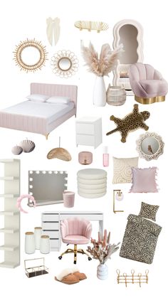 a collage of pink and gold items including a bed, chair, desk, mirror, shelves