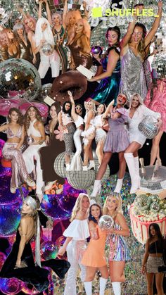 the collage shows many different women dressed in costumes and posing with their hands up