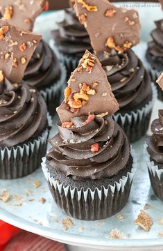 cupcakes decorated with chocolate frosting and nuts on a cake platter, ready to be eaten