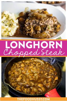 longhorn chopped steak in a skillet with potatoes and gravy