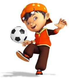 a cartoon boy is playing with a soccer ball