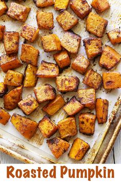 roasted pumpkin on a baking sheet with text overlay that reads roasted pumpkin recipe