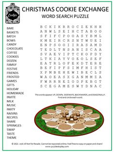 the christmas cookie exchange word search puzzle is shown in this printable activity sheet for kids