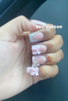 Nails With Ribbon Charm, French Nails With Bow Charm, Nail Designs With Bow Charms, Cute Nails With Bow Charm, Acrylic Nails Bow Charm, Nail Inspo, Nails, Pins, Quick Saves