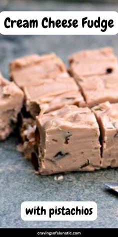 Pieces of cream cheese fudge on a grey counter with knife on it. Cream Cheese Fudge Recipe, Cream Cheese Fudge, Recipes With Cream Cheese, Cheese Fudge, Mouthwatering Desserts, Fall Eats, Homemade Fudge Recipes, Delicious Christmas Desserts