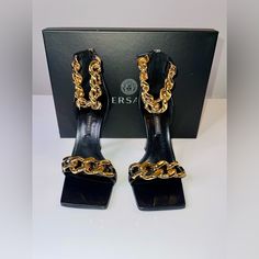 Versace Medusa Chain / News High Heel Sandals Black With Gold Chain 37.5 Perfect Condition Same Day Shipping Nr Included: Original Box Authenticity Certificate Travel Bag Versace Pumps, Versace Heels, Versace Chain, Versace Pink, Black Patent Leather Pumps, Versace Shoes, Embellished Heels, Pink Pumps, Strap Pumps