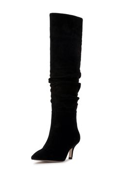 Put your best foot forward effortlessly with this slouchy knee-high boot crafted from faux suede and fronted by a pointy toe. 2 1/4" heel 17" shaft; 14 1/2" calf circumference Pull-on style Textile upper/synthetic lining/rubber sole Imported Wide Calf Suede Knee-high Boots Pointed Toe, Wide Calf Suede Knee-high Boots For Party, Suede Pointed Toe Knee-high Boots For Night Out, Edgy Aesthetic, Knee High Leather Boots, Wide Calf, Black Fits, Jessica Simpson, Knee High Boots