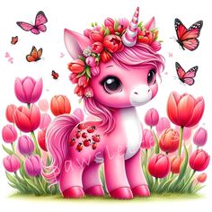 a pink pony with flowers and butterflies on it's head sitting in the grass