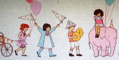 an image of children playing with balloons and animals on a wallpapered background that looks like it is going to be a birthday party