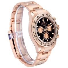 Rolex Daytona Black Dial Rose Gold Mens Watch 116505 Box Card. Officially certified chronometer automatic self-winding movement. 18k everose gold case 40.0 mm in diameter. Special screw-down push buttons. Screw-down caseback. Chronograph pushers and crown with guards. 18k rose gold bezel calibrated for 400 units. Scratch resistant sapphire crystal. Black dial with raised luminous hands and hour makers. 3 engine turned subdials -- 12 hours, 30 minutes, and constant seconds. Outer minute and 1/5 s Rose Gold Automatic Watch As Gift, Rose Gold Automatic Watch As A Gift, Rose Gold Automatic Watch For Gift, Rose Gold Automatic Watch Gift, Automatic Chronograph Watch In Rose Gold With Round Dial, Automatic Chronograph Watch In Rose Gold, Automatic Rose Gold Chronograph Watch With Round Dial, Classic Rose Gold Chronograph Watch With Subdials, Luxury Automatic Chronograph Watch In Rose Gold