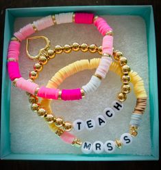 Teachers will love this personalized bracelet! Give as a gift for first day of school, last day of school, conferences, holidays or just because teachers are the best!! This is a handmade customizable item. You can customize with teachers favorite colors and first initial of last name. Personalized Pink Bracelets For School, Personalized Multicolor Bracelets For School, Personalized Multicolor Jewelry For Teacher Appreciation, Personalized Multicolor Beaded Bracelets For School, Pink Craft Supplies For End Of School Year Gift, Personalized Multicolor Bracelets For Teacher Appreciation, Multicolor Adjustable Jewelry For Teacher Appreciation, Personalized Cute Craft Supplies For Teacher Appreciation, Personalized Adjustable Bracelets For Teacher Appreciation