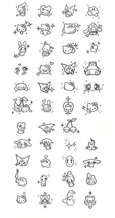 an image of various cartoon characters drawn in black ink on white paper with stars and clouds