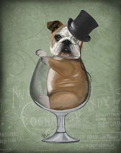 English Bulldog in Brandy Glass - Green, Dog Art Print, Wall art | FabFunky English Bulldog Art, Bulldog Painting, Brandy Glass, Bulldog Pics, Bulldog Print, Dog Art Print, Bulldog Gifts, Bulldog Art, Bull Dogs