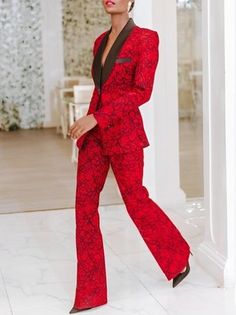 Womens Red Suits, Pant Suits For Women Red, Elegant Gucci Pants For Formal Occasions, Types Of Coats, Pants Women Fashion, Contemporary Fashion, Shawl Collar, Printed Leggings, Unique Print