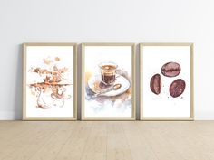 three framed art prints with coffee and beans on them in front of a white wall