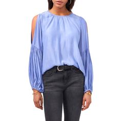 The Brand's Signature Fabric Adds A Fluid Drape To This Romantic Blouse Styled With Cold-Shoulder Cutouts And A Dreamy, Lantern-Sleeve Silhouette. 26 Length (Size Medium) 100% Polyester Dry Clean Or Hand Wash, Line Dry Imported Spring Blue Blouse With Blouson Sleeves, Spring Blue Tops With Blouson Sleeves, Blue Blouson Sleeve Tops For Brunch, Blue Tops With Blouson Sleeves For Brunch, Plaid Overcoat, Leather Shirt Dress, Liquid Satin, Romantic Blouses, Mock Neck Blouse