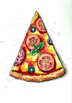 a drawing of a slice of pizza with tomatoes and olives