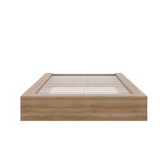 the bed frame is made from wood and has white sheets on it, with no headboard