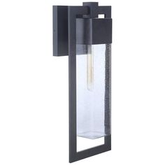 an outdoor wall light with a clear glass cylinder and black metal frame on the side